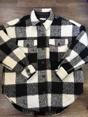 Good American Buffalo Plaid Wool Blend Shacket Black Ivory